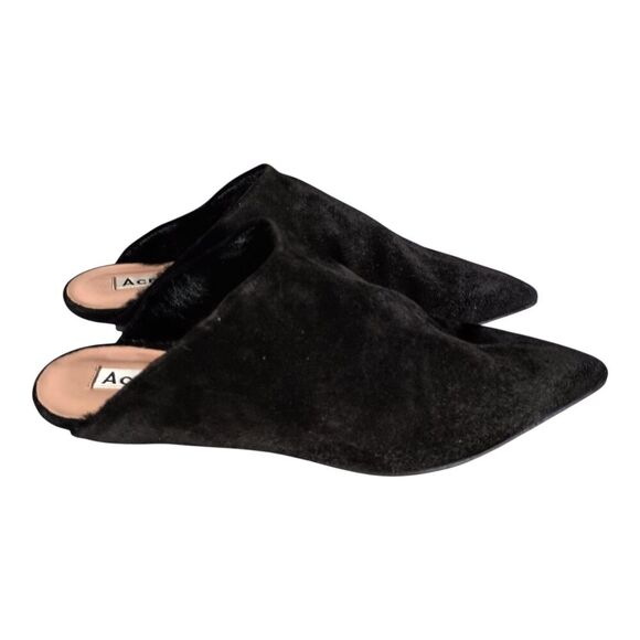 Acne Studios Slides Mules Pointed Toe Kitten Heel Fur Lined Suede Black 35/US 5 - Picture 2 of 11